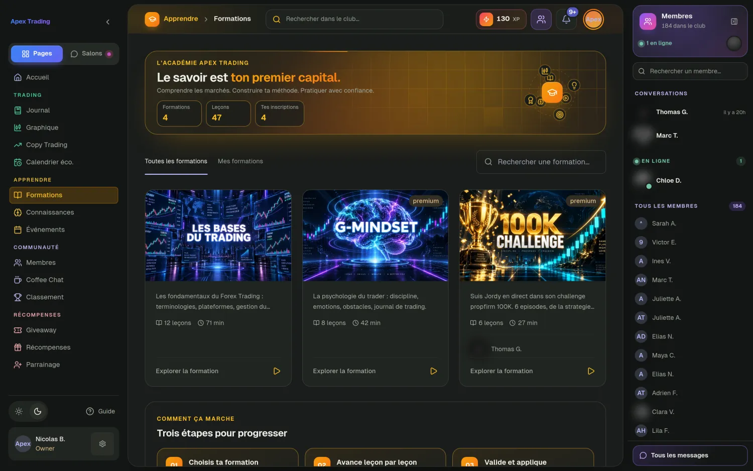 L'espace Formations d'une académie : catalogue de cours, leçons, durées et progression, sous la marque du formateur.
